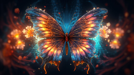 Photorealistic glowing psychedelic butterfly, generative cinematic color 3d grading ai