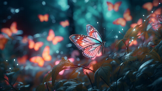 Photorealistic glowing psychedelic butterfly, generative cinematic color 3d grading ai © Hiro