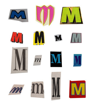 Ransom letter font M from printout magazine cutout, collage element for graphic design, png isolated on transparent background