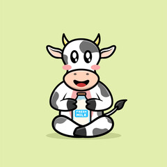 Cute cow sitting and holding fresh milk bottle, animal mascot logo cartoon, Vector flat illustration.