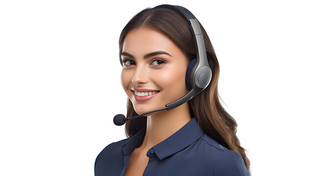 Young Woman in a Call Center isolated in a white background : Professional Customer Service Representative Assisting a Client , Call Center Operator, Customer Support