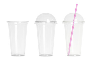 Collage with plastic cup isolated on white