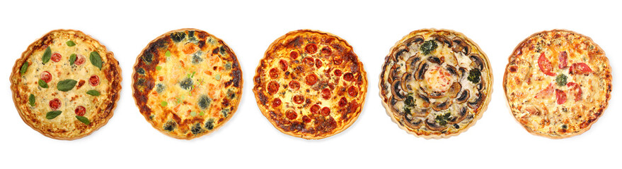 Different tasty quiches isolated on white, set. Top view