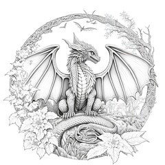 coloring page dragon fee designs with white FFFFFF background high qualic high resolution extremely beautiful extremely realistic insanely detailed 8k hd creative  - obrazy, fototapety, plakaty
