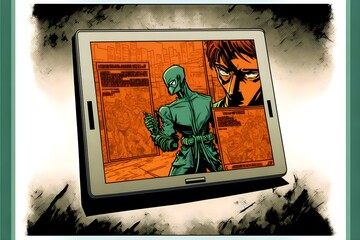 comic book illustration comics style futuristic datapad clean screen 
