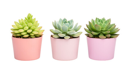 three different succulents / echeveria plants without pots isolated over a transparent background, natural interior or garden design elements, side view / flat lay, PNG