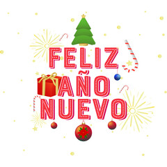 Tarjeta de felicitación de un feliz Año Nuevo con decoraciones de Navidad: estrella, acebo, bastón de caramelo, árbol de Navidad, confeti y esferas navideñas.