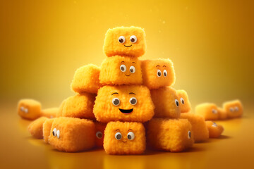 Chicken Nuggets with cute facial expression 3d rendering style - obrazy, fototapety, plakaty