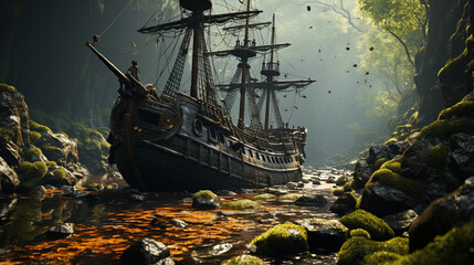 Seasonally damaged old pirate ship, bright daylight, with 3d generative ai - obrazy, fototapety, plakaty