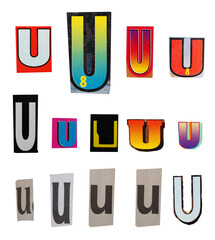 Ransom letter font U from printout magazine cutout, collage element for graphic design, png isolated on transparent background