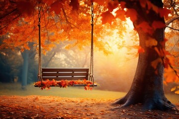 A serene wooden swing hanging from a lush tree in a peaceful park