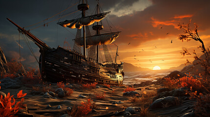 Seasonally damaged old pirate ship, bright daylight, with 3d generative ai - obrazy, fototapety, plakaty