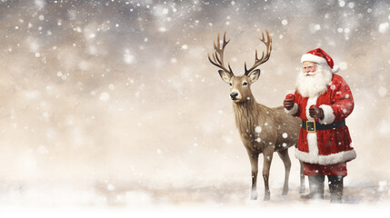 Santa Claus getting ready for Christmas with his reindeer banner side. Generated with AI Tool