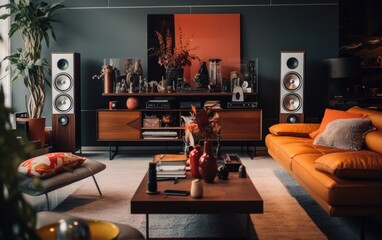 80's and 90's modern contemporary interior design living room. Generative AI