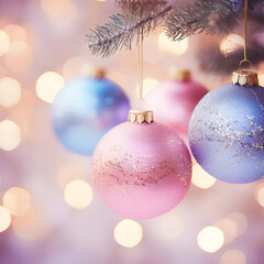 Christmas pastel colored baubles with beautiful bokeh lights