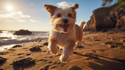 Dog frolicking on sandy shores