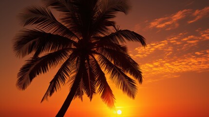 Obraz premium Palm tree silhouette under a radiant sunset