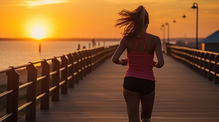 Fototapeta premium Fitness enthusiast woman jogging on a seaside boardwalk at dawn