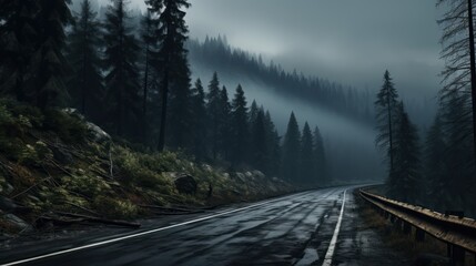 Desolate mountain road skirting a dense forest under a cloudy dusk - obrazy, fototapety, plakaty