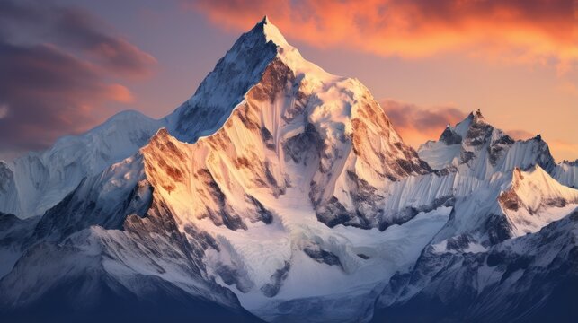 Snow capped mountain peaks glowing at dawn
