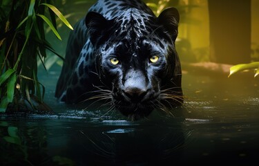 Naklejka na ściany i meble Black jaguar in the waters of a river brook, in the forest, created with AI