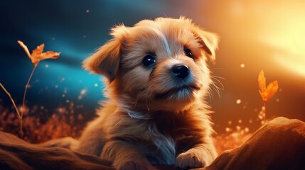 A heartwarming image capturing a cute puppy in a playful moment with space for text, background image, generative AI