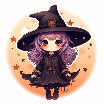 cute kawaii chibi witch on white background for halloween, generative AI