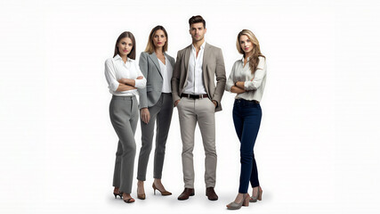 Portrait, team and modeling people isolated on white background corporate teamwork, proud, diversity group of men and women in professional collaboration. Generative AI.