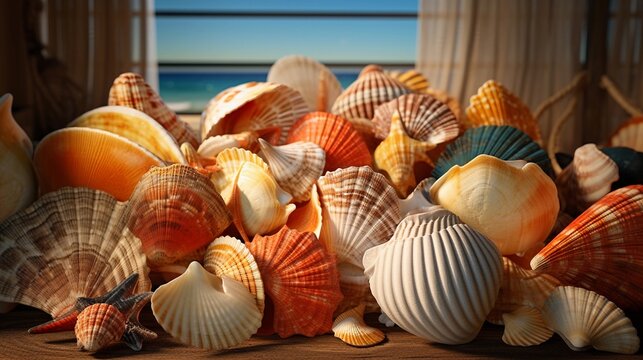 An artistic portrayal of a collection of seashell souvenirs from various travel destinations, background image, generative AI