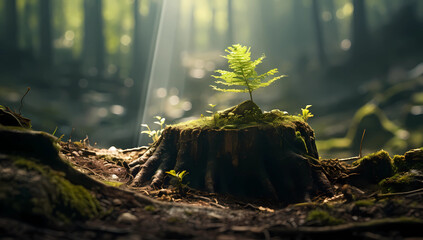 a tree growing from a stump in the forest