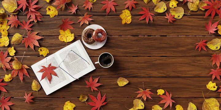 book on top of wooden table with a plate of donut and a cup of black coffee with dry leaf autumn scatter, illustration of relaxing in the park in autumn season, 3d render