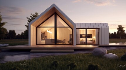 clean lines and minimalist design of a modern comfort cottage, background image, generative AI