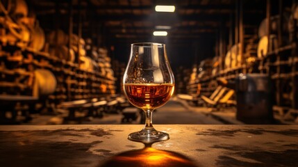 Glass of refined whisky in a distillery cellar - obrazy, fototapety, plakaty