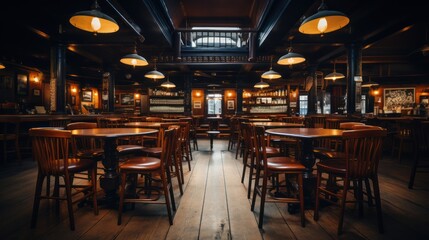 Chairs and tables neatly stacked in a silent pub - obrazy, fototapety, plakaty