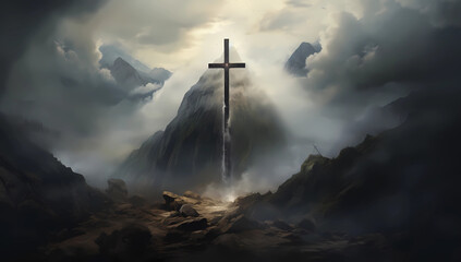a cross is seen rising out of clouds above a mountain