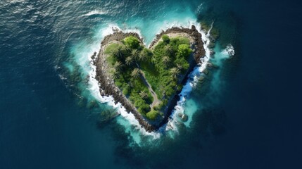 Heart-shaped island in a telephoto lens, aerial view of the ocean with realistic lighting - obrazy, fototapety, plakaty