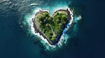 Deurstickers Heart-shaped island in a telephoto lens, aerial view of the ocean with realistic lighting © sirisakboakaew