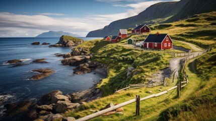 Norwegian landscape with old redwood barns at the sea coast - obrazy, fototapety, plakaty