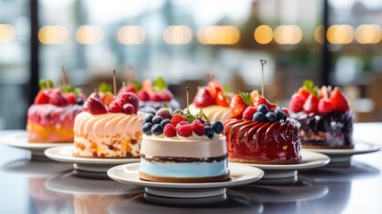 An array of cakes displayed on a cafeteria counter