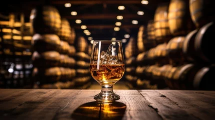Fotobehang Glass of refined whisky in a distillery cellar © Malika