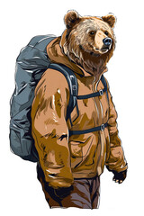 Obraz premium A simple drawing of a bear with a backpack on his back going hiking. On a solid white background