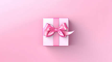 Top view of pink gift box with ribbon and bow isolated on pink background. - obrazy, fototapety, plakaty