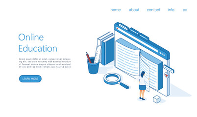 Landing page template online education, e learning and adult courses concept. Language distance school. Modern 3d for web site, banner design, video tutorial, template. Isometric vector.
