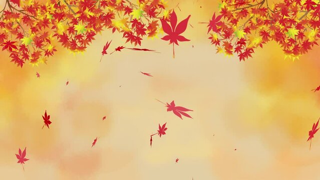 紅葉の枝と葉っぱ舞う 風景 背景水彩