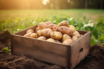 a wooden box with potato in field or garden in the morning, organic potato