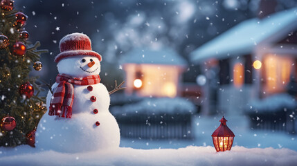 A snowman standing in the garden in front of a house decorated for Christmas 