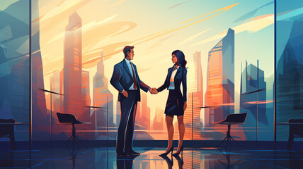 A business woman shaking hands with a business man after reaching an agreement on doing business together, agreement on future investments plan.