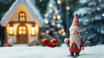 Porcelain Santa Claus standing in the garden in front of a house decorated for Christmas