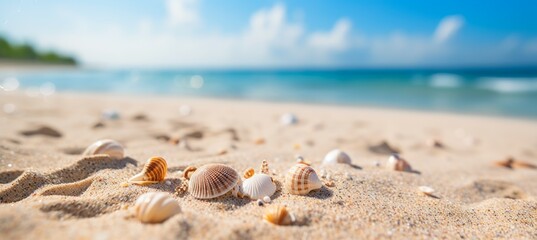Fototapeta na wymiar Closeup seashell at sand beach. Generative AI technology.