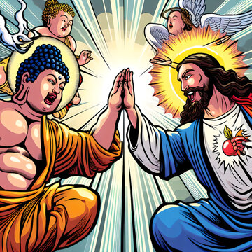 buddha and jusus christ dynamic high-five, generative ai